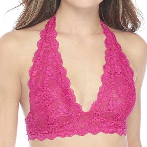 Brand new FREE PEOPLE GALLOON LACE HALTER BRALETTE WIRELESS BRA PINK RED BERRY N - Picture 4 of 5